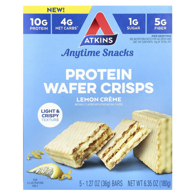 Atkins, Anytime Snacks, Protein Wafer Crisps, Lemon Creme, 5 Bars, 1.27 oz (36 g) Each