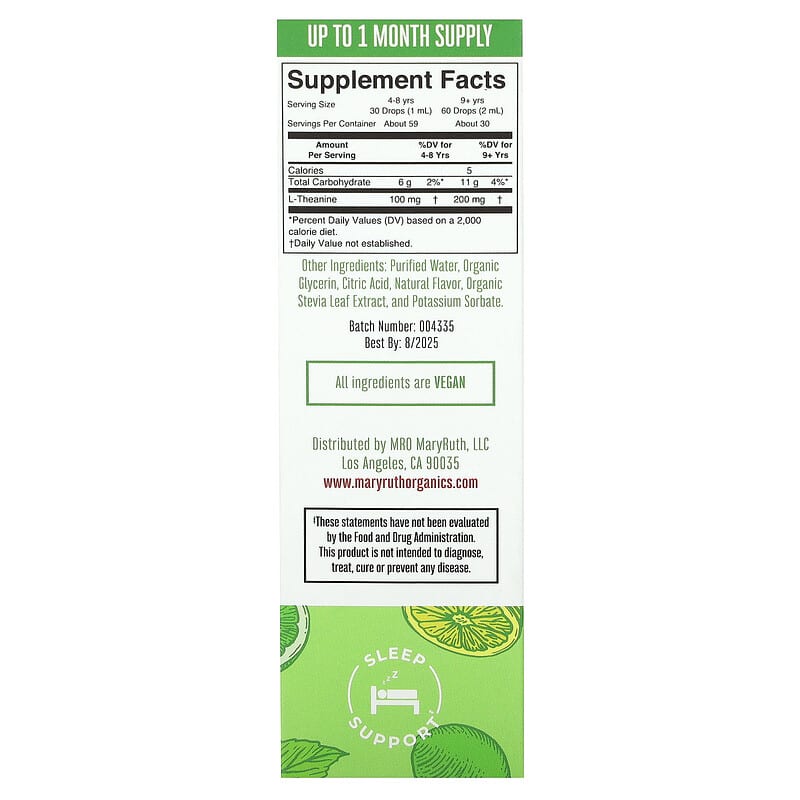 MaryRuth's, L-Theanine Liquid Drops, Lemon Lime, 200 mg, 2 fl oz (60 ml)