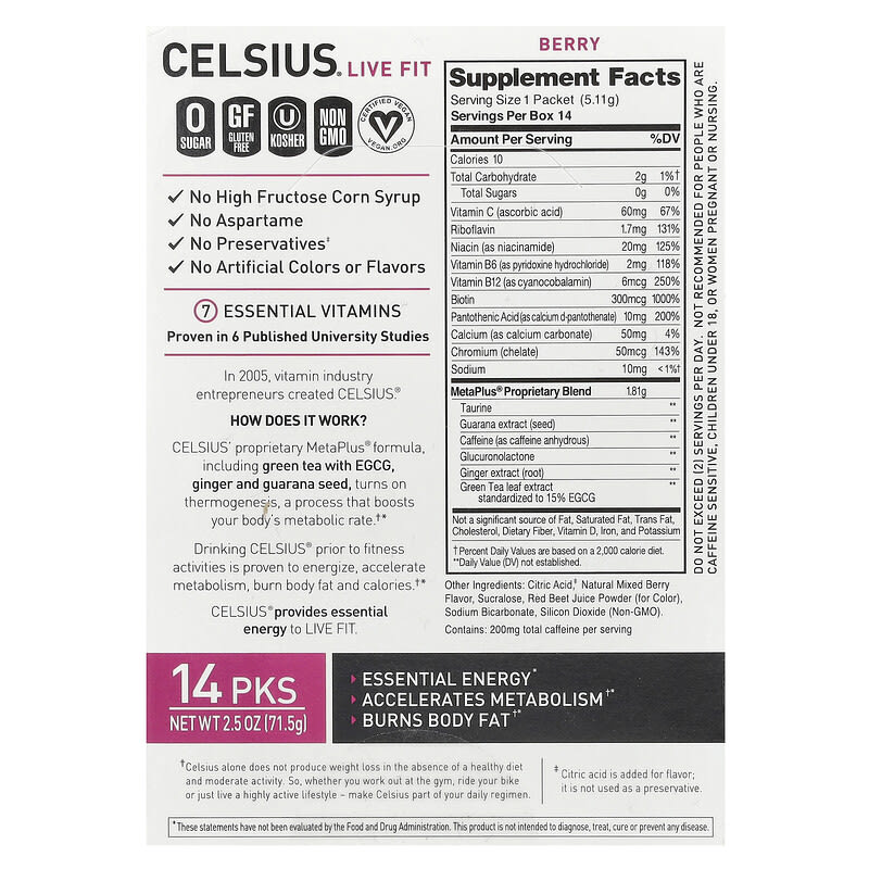 Celsius, Live Fit, Berry, 14 On-The-Go Packets, 0.18 oz (5.11 g) Each