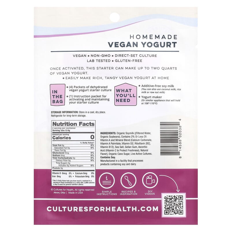 Cultures for Health, Vegan Yogurt, 4 Packets, .06 oz (1.6 g)