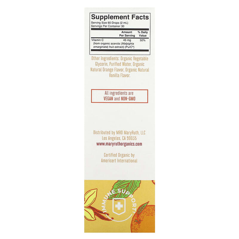 MaryRuth's, Organic Kids Vitamin C Liquid Drops, 4-13 Years, Orange Vanilla, 45 mg, 2 fl oz (60 ml)