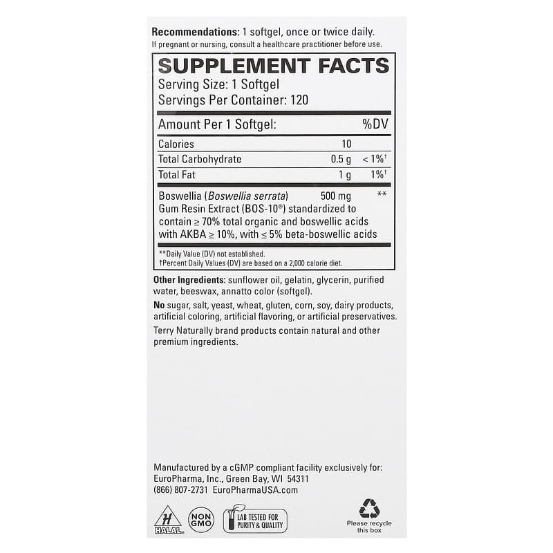 Terry Naturally, BosMed 500, Advanced Boswellia, Extra Strength, 500 mg, 120 Softgels