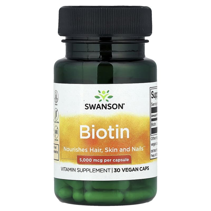 Swanson, Biotin, 5,000 mcg, 30 Vegan Caps