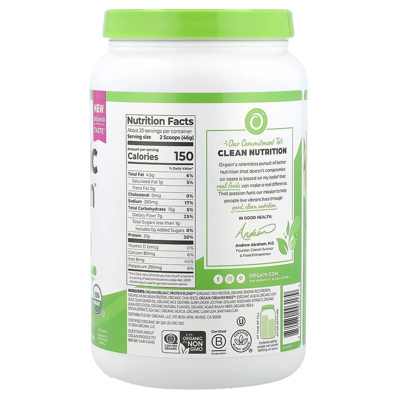 Orgain, Organic Protein™ Powder, Plant Based, Creamy Chocolate Fudge, 2.03 lb (920 g)