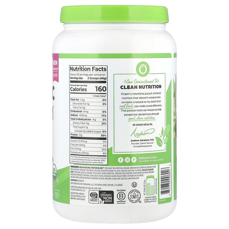 Orgain, Organic Protein™ Powder, Plant Based, Chocolate Peanut Butter, 2.03 lb (920 g)