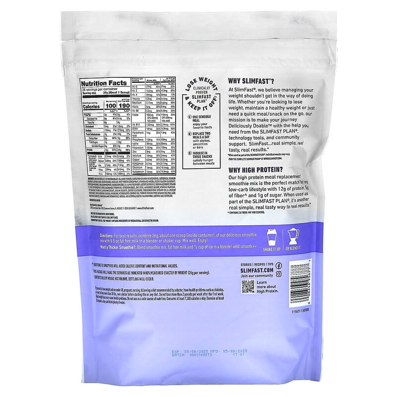 SlimFast, High Protein, Meal Replacement Smoothie Mix, Vanilla Cream, 1.49 lb (676 g)