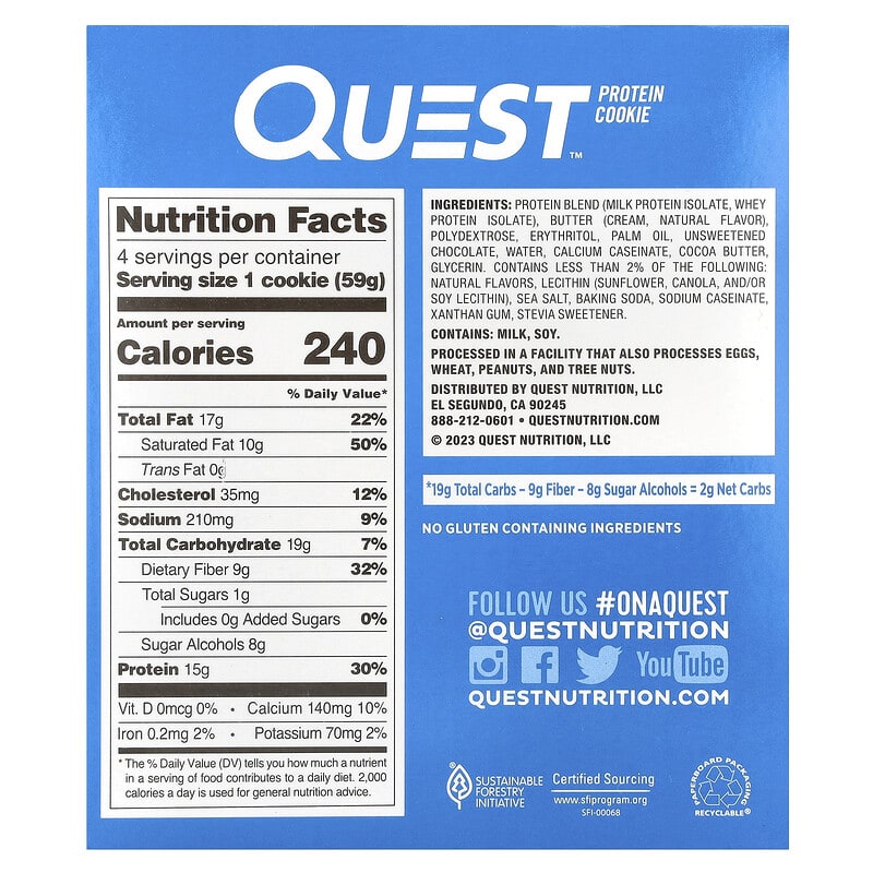 Quest Nutrition, Protein Cookie, Chocolate Chip, 4 Cookies, 2.08 oz (59 g) Each