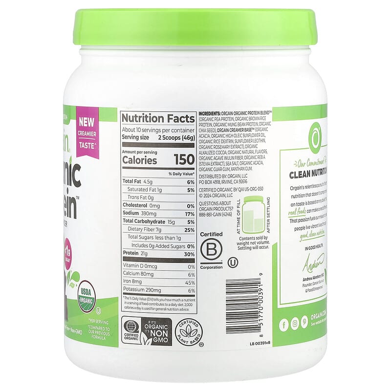 Orgain, Organic Protein™ Powder, Creamy Chocolate Fudge, 1.02 lb (462 g)