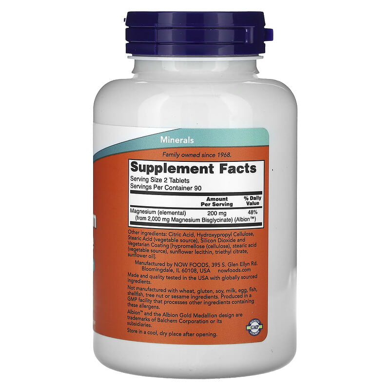NOW Foods, Magnesium Glycinate, 200 mg, 180 Tablets (100 mg per Tablet)