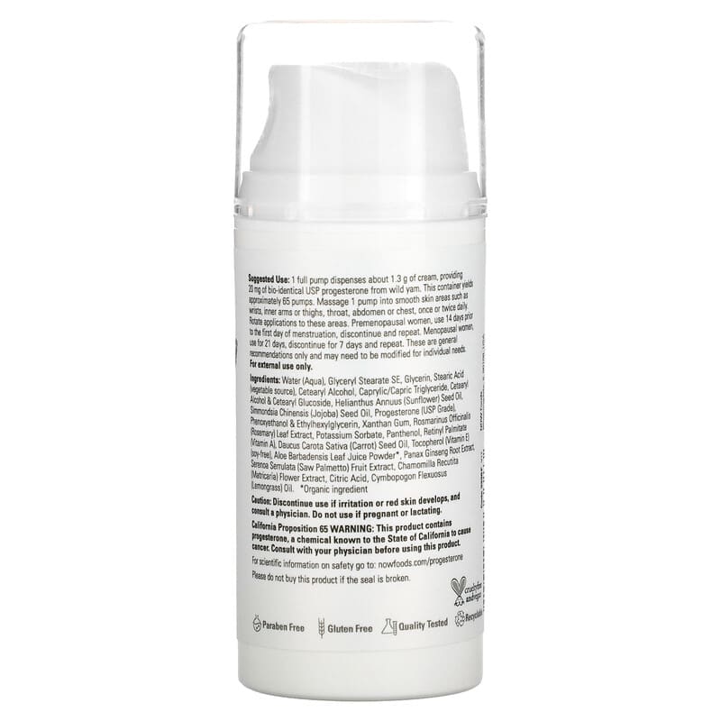 NOW Foods, Solutions, Progesterone from Wild Yam, Balancing Skin Cream, Unscented, 20 mg, 3 oz (85 g)