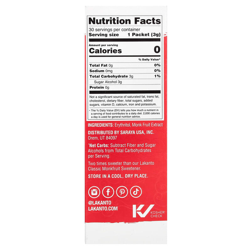 Lakanto, Monkfruit Sweetener with Erythritol, Classic, 30 Packets, 3.17 oz (90 g)