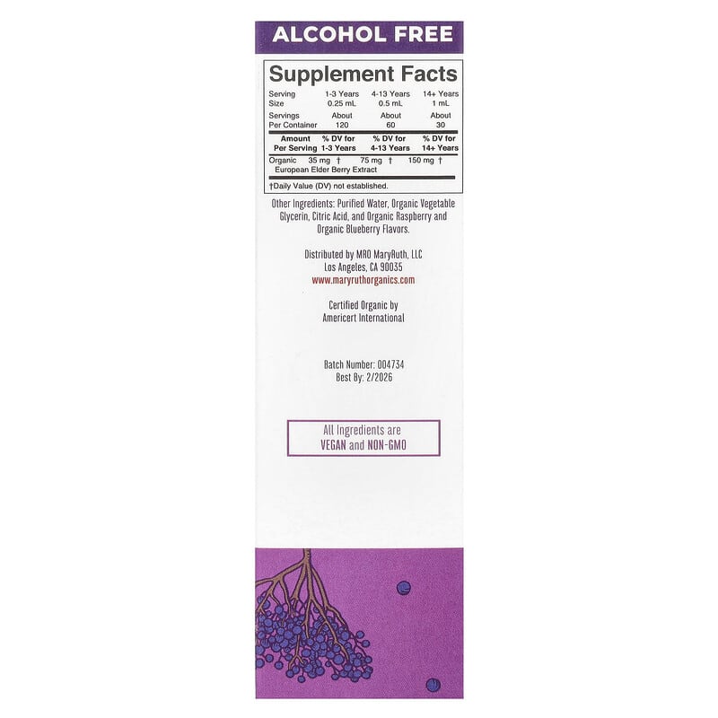 MaryRuth's, Organic Elderberry Liquid Drops, Alcohol Free, Blueberry + Raspberry, 1 fl oz (30 ml)