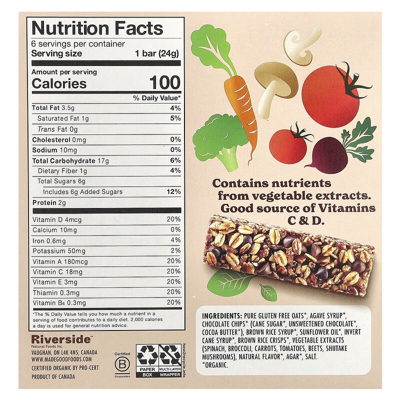 MadeGood, Granola Bars, Chocolate Chip, 6 Bars, 0.85 oz (24 g) Each