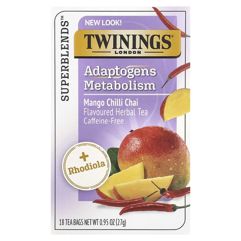 Twinings, Adaptogens Metabolism Herbal Tea, Caffeine-Free, Mango Chili Chai, 18 Tea Bags, 0.95 oz (27 g)