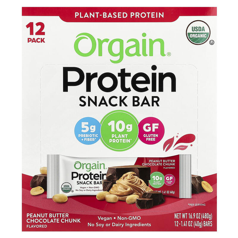 Orgain, Organic Plant-Based Protein Snack Bar, Peanut Butter Chocolate Chunk, 12 Bars, 1.41 oz (40 g) Each