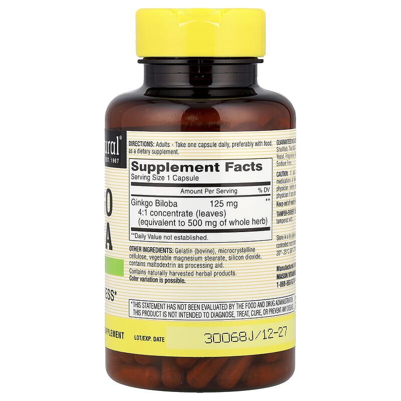 Mason Natural, Whole Herb Ginkgo Biloba, 125 mg, 180 Capsules