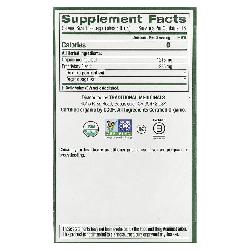Traditional Medicinals, Organic Moringa, Caffeine Free, 16 Wrapped Tea Bags, 0.85 oz (24 g)