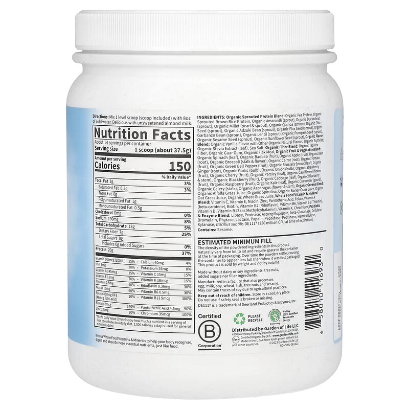 Garden of Life, RAW Organic Meal Replacement Shake, Plant-Based, Vanilla, 1 lb 2.52 oz (525 g)