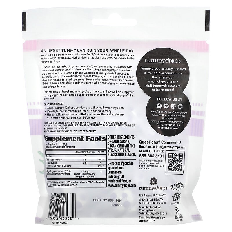 Tummydrops, Organic Sweet Blackberry Ginger, 33 Lozenges