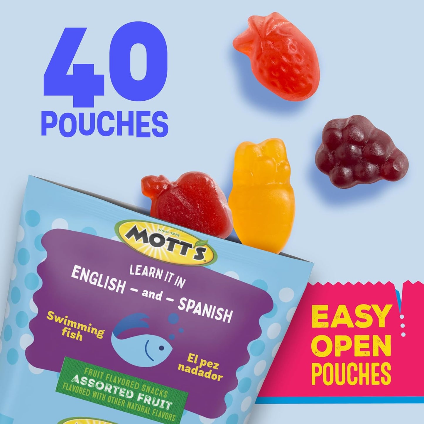 Mott's Fruit Flavored Snacks, Assorted Fruit, Pouches, 0.8 oz, 40 ct