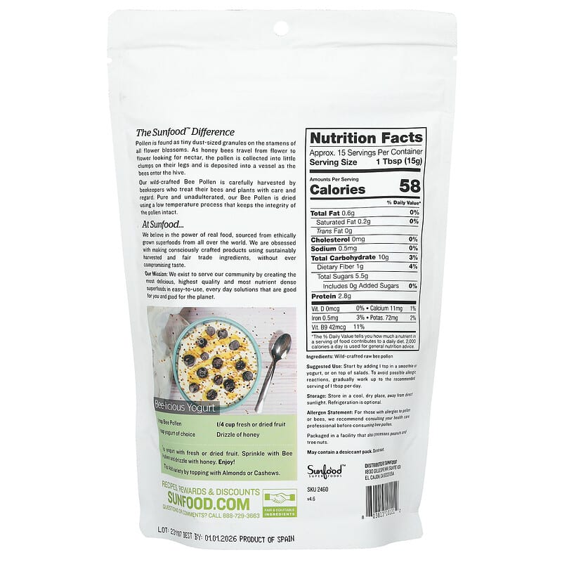 Sunfood, Raw Wild-Crafted Bee Pollen, 8 oz (227 g)