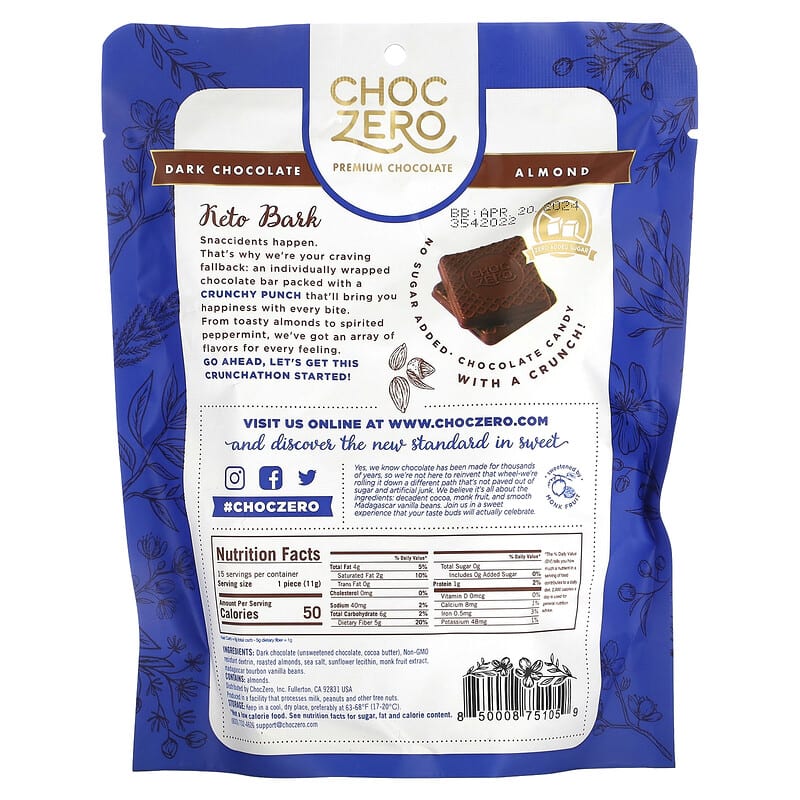 ChocZero, Keto Bark, Dark Chocolate With Sea Salt, Almond, 15 Mini Packs, 6 oz (170 g)
