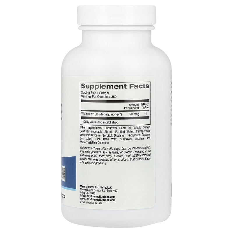 Lake Avenue Nutrition, Vitamin K2 (as Menaquinone-7), 50 mcg, 360 Veggie Softgels