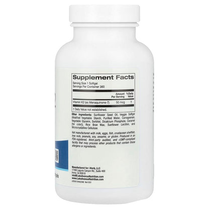 Lake Avenue Nutrition, Vitamin K2 (as Menaquinone-7), 50 mcg, 360 Veggie Softgels