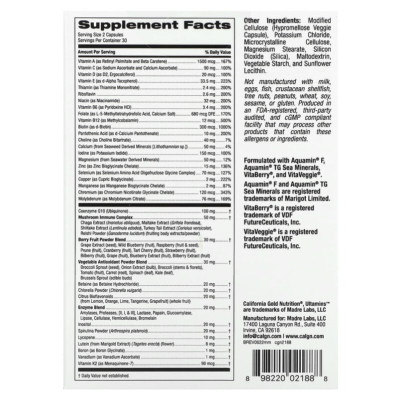 California Gold Nutrition, Ultamins Men's Multivitamin with CoQ10, Mushrooms, Enzymes, Veggies & Berries, 60 Veggie Capsules