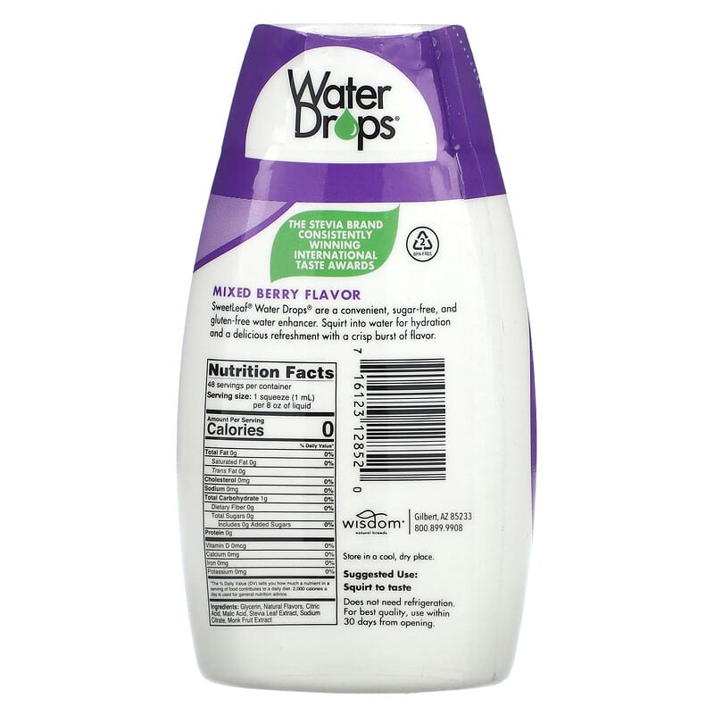 Wisdom Natural, SweetLeaf, Water Drops, Delicious Stevia Water Enhancer, Mixed Berry, 1.62 fl oz (48 ml)