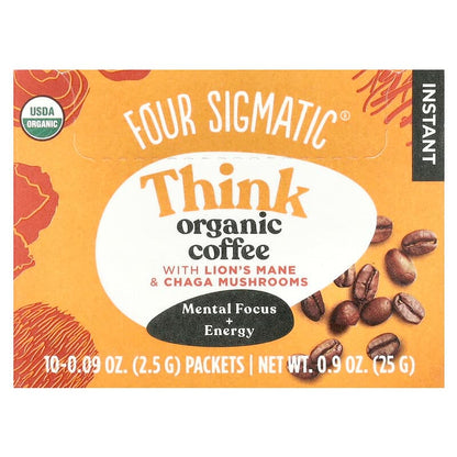 Four Sigmatic, Think, Instant Organic Coffee with Lion's Mane & Chaga Mushrooms, Medium Roast, 10 Packets, 0.09 oz (2.5 g) Each