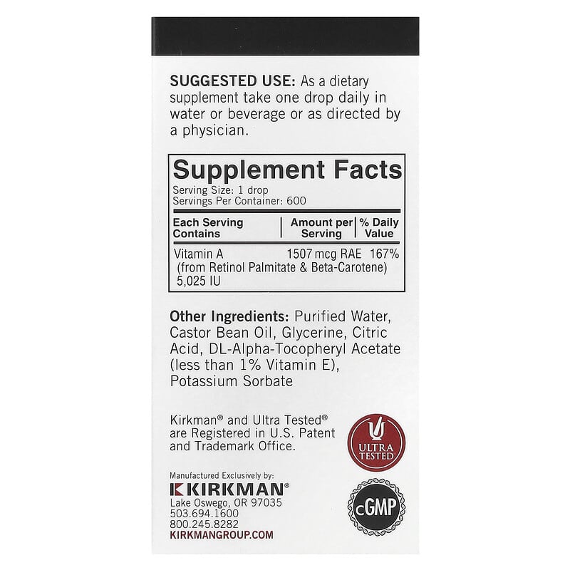 Kirkman Labs, Mycelized Vitamin A Drops, 1,507 mcg, 1 fl oz (30 ml)