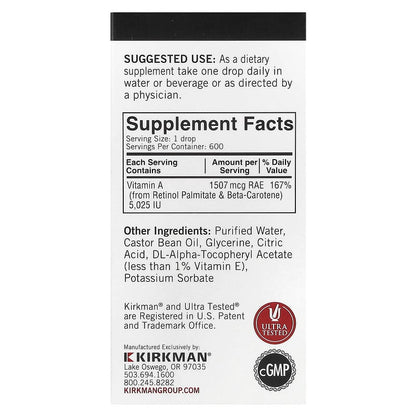 Kirkman Labs, Mycelized Vitamin A Drops, 1,507 mcg, 1 fl oz (30 ml)