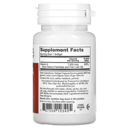 Protocol for Life Balance, Vitamin A, 7,500 mcg (25,000 IU), 100 Softgels