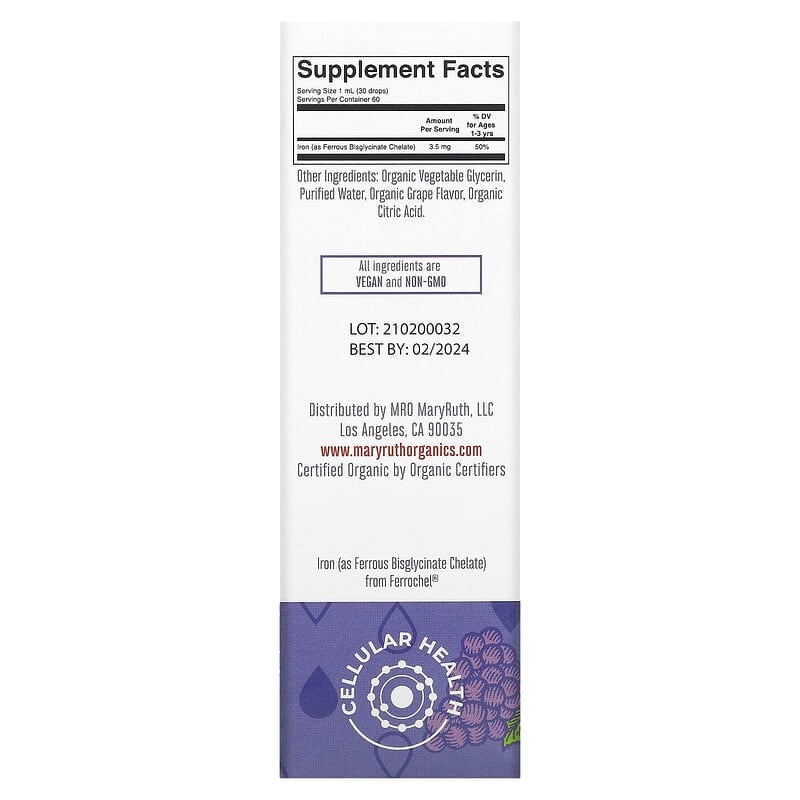 MaryRuth's, Toddler Iron Organic Liquid Drops, 1-3 Years, Grape, 3.5 mg, 2 fl oz (60 ml)