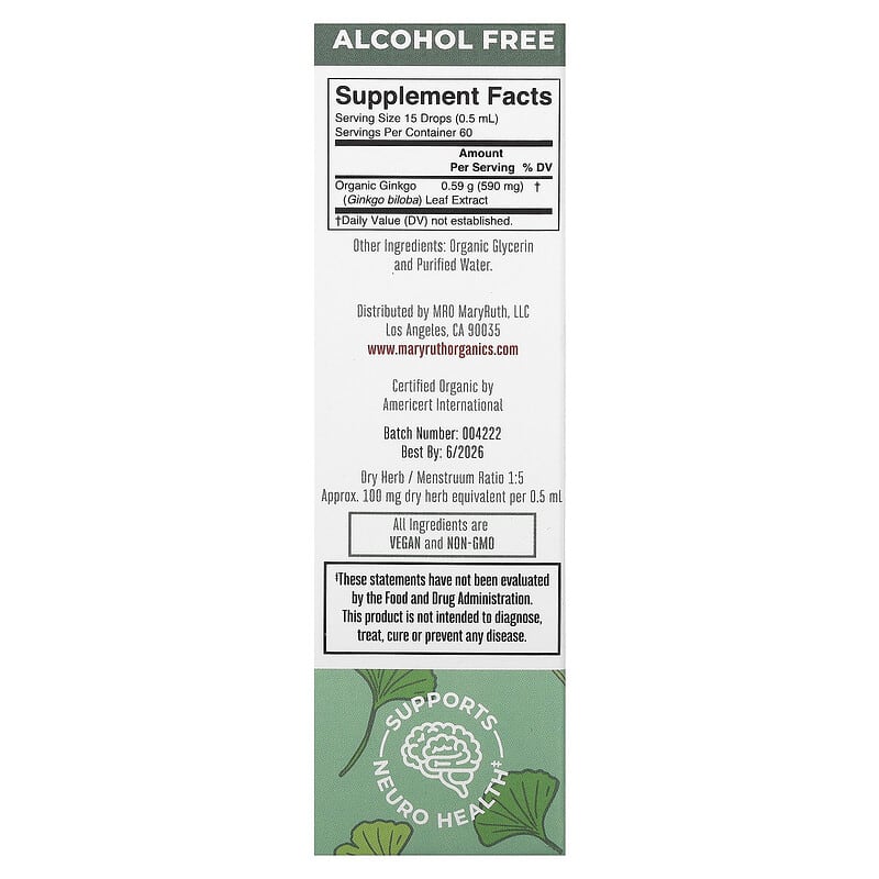 MaryRuth's, Organic Ginkgo Leaf Liquid Extract, Alcohol Free, 590 mg, 1 fl oz (30 ml)