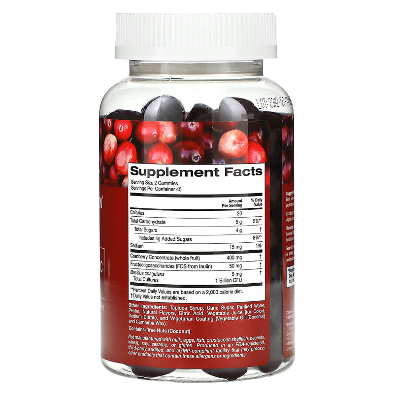 California Gold Nutrition, Cranberry & Probiotic Gummies with Cranberry Concentrate, Fructooligosaccharides and Bacillus coagulans, Natural Cranberry, 90 Vegetarian Gummies