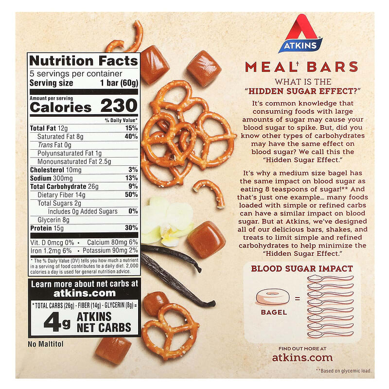 Atkins, Protein Meal Bar, Vanilla Caramel Pretzel, 5 Bars, 2.12 oz (60 g) Each