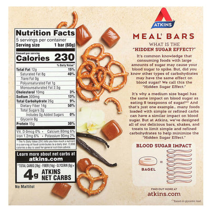 Atkins, Protein Meal Bar, Vanilla Caramel Pretzel, 5 Bars, 2.12 oz (60 g) Each