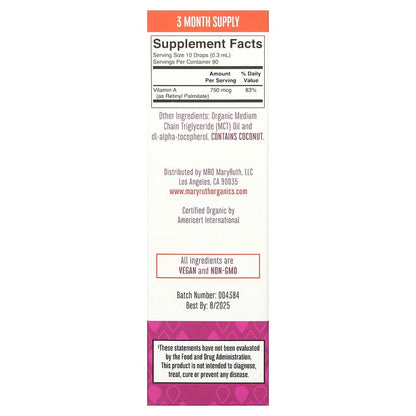 MaryRuth's, Organic Vitamin A Liquid Drops, Unflavored, 750 mcg, 1 fl oz (30 ml)