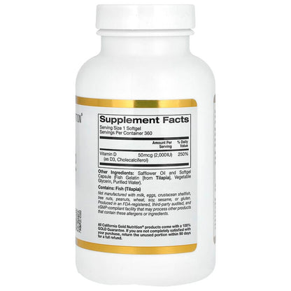 California Gold Nutrition, Vitamin D3, 50 mcg (2,000 IU), 360 Fish Gelatin Softgels
