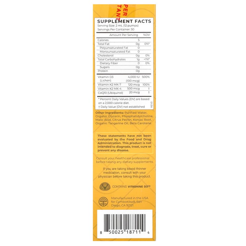 Cymbiotika, D3+K2+CoQ10, Liposomal Delivery, Tangerine, 4,000 IU, 2 fl oz (60 ml)
