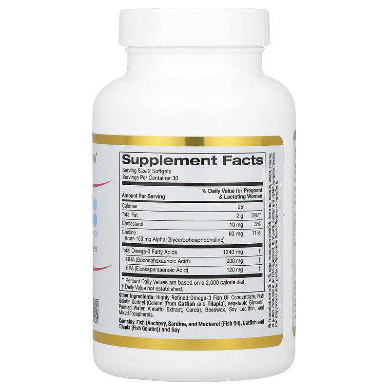 California Gold Nutrition, Prenatal DHA, Omega-3 Fatty Acids DHA and EPA plus Choline for Pregnant and Nursing Mothers, 900 mg, 60 Fish Gelatin Softgels (450 mg per Softgel)