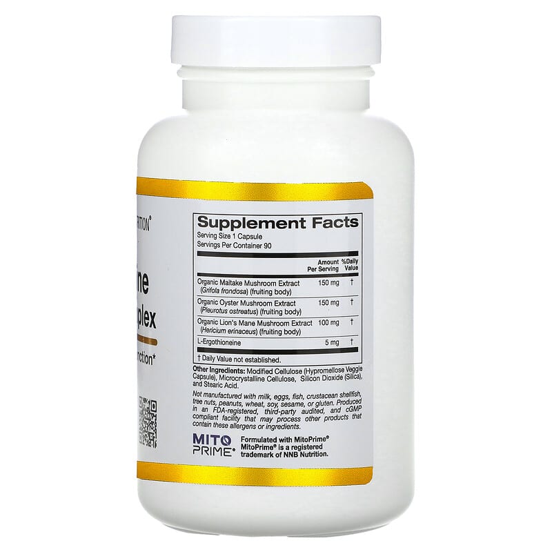 California Gold Nutrition, Ergothioneine Mushroom Complex with Organic Maitake, Organic Oyster, Organic Lion's Mane Mushroom Extracts and L-Ergothioneine, 90 Veggie Capsules