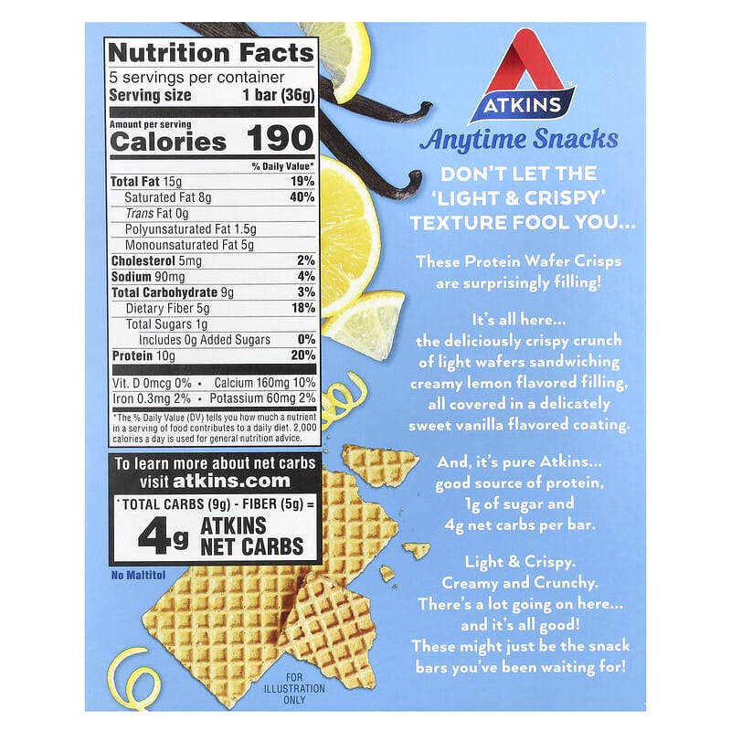 Atkins, Anytime Snacks, Protein Wafer Crisps, Lemon Creme, 5 Bars, 1.27 oz (36 g) Each