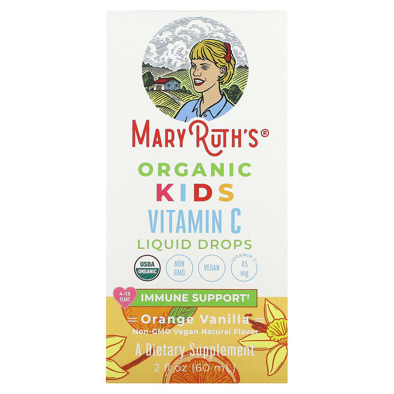 MaryRuth's, Organic Kids Vitamin C Liquid Drops, 4-13 Years, Orange Vanilla, 45 mg, 2 fl oz (60 ml)