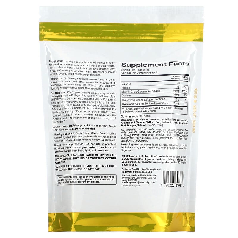 California Gold Nutrition, CollagenUP®, Hydrolyzed Marine Collagen Peptides with Hyaluronic Acid and Vitamin C, Unflavored, 7.26 oz (206 g)