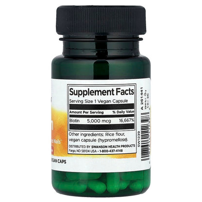 Swanson, Biotin, 5,000 mcg, 30 Vegan Caps