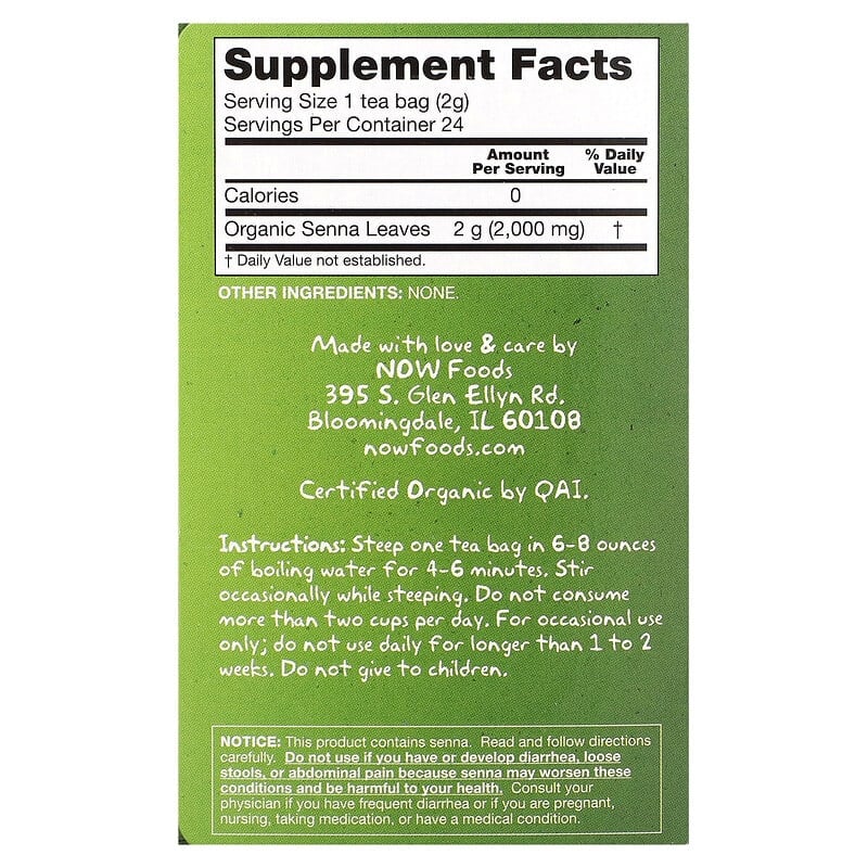 NOW Foods, Real Tea, Organic Senna, Caffeine-Free, 24 Tea Bags, 1.7 oz (48 g)