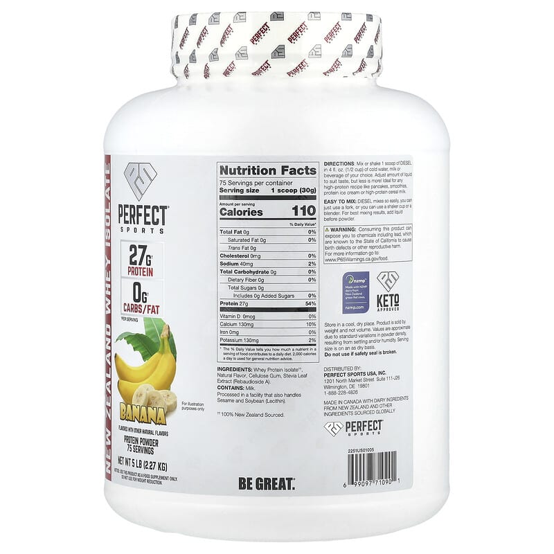 PERFECT Sports, Diesel, New Zealand Whey Isolate, Banana, 5 lb (2.27 kg)